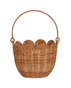 a wicker basket with handles on the front and side, it has an oval handle