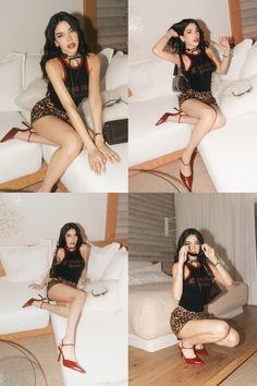 four photos of a woman sitting on a couch with her legs crossed and wearing high heels