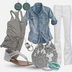 Light blue denim shirt, grey tank top, white pants, white sandals, white oversized handbag with grey flowers and matching accessories Green Shirt Outfit, Grey Top Outfit, Outfit Color Combos, Mode Rockabilly, Blue Denim Top, Mode Tips, Pastel Outfit, Light Blue Green, Green Shirt