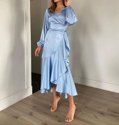 Satin Puff Sleeve Dress Long, Long Sleeve Light Blue Dress, Islamic Fashion Dresses, Elegant Dresses Short, Western Work, Girls Dress Outfits, Soiree Dress