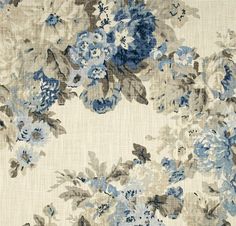 a blue and gray floral print on white fabric