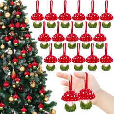 a christmas tree is decorated with red and gold ornaments, which are hanging from the top