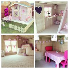 four pictures of a doll house with pink furniture