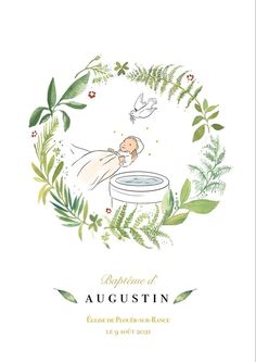 an illustration of a baby in a tub surrounded by greenery and birds, with the words experience of augusttin