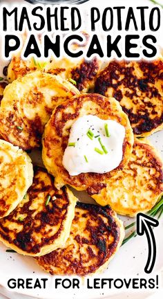 there is a plate with pancakes on it and the words mashed potato pancakes