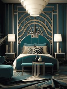 a bedroom with blue and white decor in the corner, including a bed that has an art deco style headboard