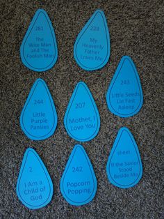 six blue tear shaped tags with the names of seven water drops