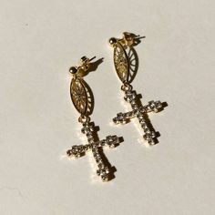 Truly Blessed Jewels - Valencia Earrings Elegant Pierced Cross Jewelry, Gold Cross Pendant Earrings As Gift, Elegant Pierced Cross Earrings, Gold Cross Pendant Earrings For Gift, Elegant Cross Pendant Earrings, Gold Cross-shaped Pierced Earrings, Cross Shaped Metal Earrings For Pierced Ears, Cross-shaped Jewelry With Matching Earrings, Elegant Cross Pendant Jewelry For Pierced Ears