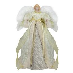 an angel figurine with white fur and gold trim