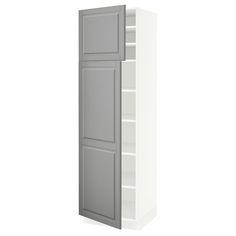 a tall white cabinet with two doors and shelves on each side, in front of a white background