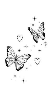 two butterflies flying in the sky with hearts