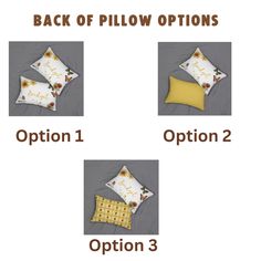 four pillows with the words back of pillow options option 1, option 2 and option 3