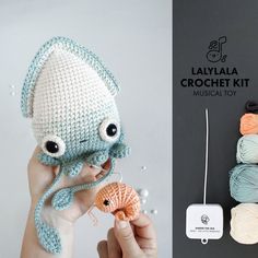 a hand holding a crochet octopus toy next to a photo of yarn balls