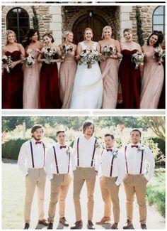 the bride and groomsmid are posing for pictures in front of their wedding party