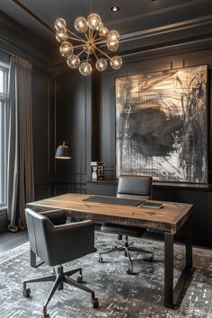 an office with a large painting on the wall and leather chairs in front of it