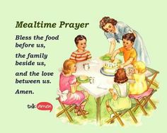 a woman is serving food to children at a table with the words, meal time prayer