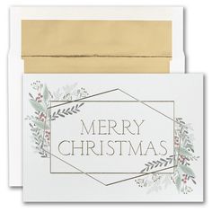 a christmas card with the words merry christmas written in silver and gold foil on it