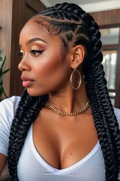 Hairstyles For Black Women Color, Twist Braided Hairstyles, Hairstyles For Black Women Twist, Hairstyles For Black Women Updo, Jumbo Goddess Braids, Hairstyles For Black Women Quick, Braids To The Side, Black Women Updo, Long Braided Hairstyles