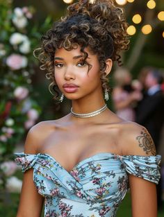 Explore Curly Prom Hairstyles for All Lengths - Simple to Elegant Options Special Occasion Hairstyles Curly Hair, Pageant Curly Hair, Hoco Hair Updo Homecoming, Elegant Updo For Black Women, Afro Formal Hairstyles, Short Curly Fancy Hairstyles, Curly Hairstyles Wedding Bridesmaid, Curly Wedding Updo Black Women, Grad Hairstyles Curly Hair