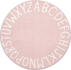 a pink rug with white letters on it