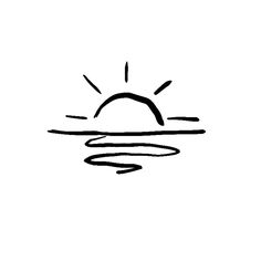 a black and white drawing of the sun over water