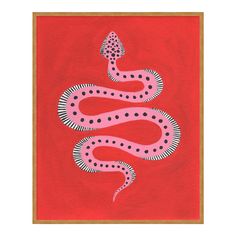 a painting of a pink snake on a red background, with black dots around it