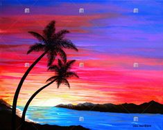 an acrylic painting of a sunset with palm trees and the ocean in the background