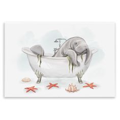 an elephant in a bathtub with starfish on the floor and shells around it