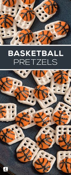 the basketball pretzels are decorated with white and orange icing