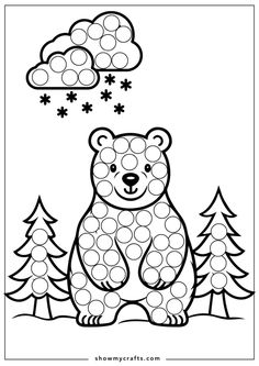 a bear sitting in the snow with trees and clouds above it, coloring pages for kids