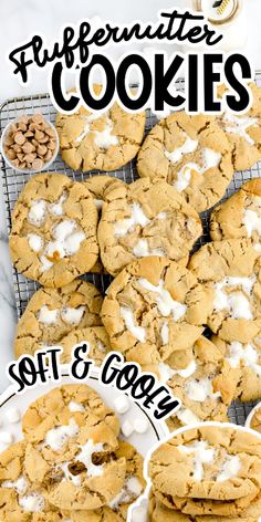 cookies with white icing and chocolate chips on a cooling rack next to other cookies