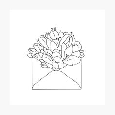 a black and white drawing of flowers in an envelope