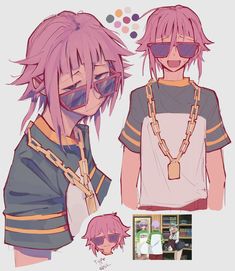 an anime character with pink hair and glasses, wearing a t - shirt that has chains around it's neck