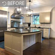 a large kitchen with an island and stainless steel appliances in the center, before and after remodeling