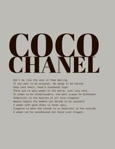 the words coco chanel are written in black and white on a gray background with brown lettering