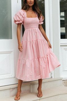 Plaid Square Neck Puff Sleeve Midi Dress Dirndl Outfit, Tiered Maxi Skirt, Mini Robes, Statement Dress, Bubble Sleeve, Polyester Dress, Plaid Dress, Womens Maxi Dresses