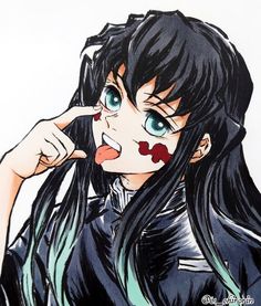 a drawing of a girl with long black hair and blue eyes holding her finger to her nose