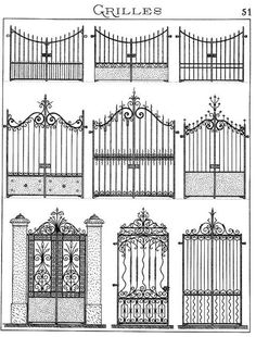 the different types of wrought iron gates and gates for homeowners, vintage line drawing or engraving