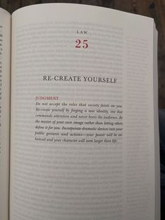 an open book with the title 25 re - create yourself written in red on it