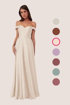 a woman in a white dress with different color swatches on the side and an image of