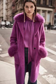 Crafted with sumptuously soft feather yarn and adorned with detachable faux fur trim on the collar and cuffs, this elegant sweater coat epitomizes coziness, style, and adaptability. Its striking Empress hue is sure to make a statement. Color- Empress (Purple). Feather yarn knit fabric. Notched collar. Straight long sleeves. Detachable faux fur trim at collar and cuffs. Inside snaps closure. Patch pockets. Unlined. Fabric- 60% Nylon. 25% Polyester. 15% Viscose rayon. Care- Hand wash in cold water Beach Wedding Black, Feather Yarn, Winter Fur Coats, Faux Fur Sweater, Wedding Dress With Veil, Fur Sweater, Long Sleeve Dress Formal, Chic Sweaters, Black Tie Wedding