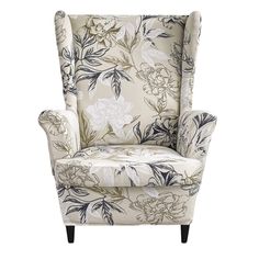 an upholstered wing chair with floral print