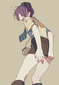 an anime character with purple hair and boots, holding his hand on his hip while standing in