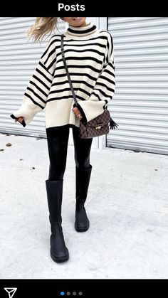 Striped Blouse Outfit, Flare Sleeve Sweater, Winter Sweater Outfits, Pullovers Outfit, Jumper Outfit, White Striped Sweater