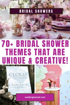 the words bridal shower themes that are unique and creative in pink, white and purple