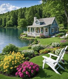 a house sitting on top of a lush green field next to a lake