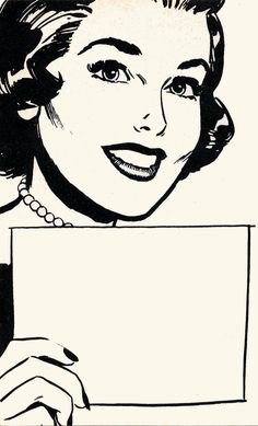 a black and white drawing of a woman holding a sign