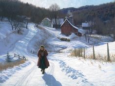 a painting of a woman walking down a snow covered road