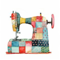 an old sewing machine with colorful patchwork on it's front and side panels