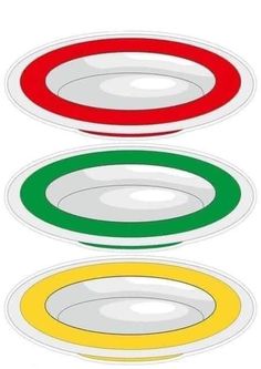 three plates with different colored rims on them